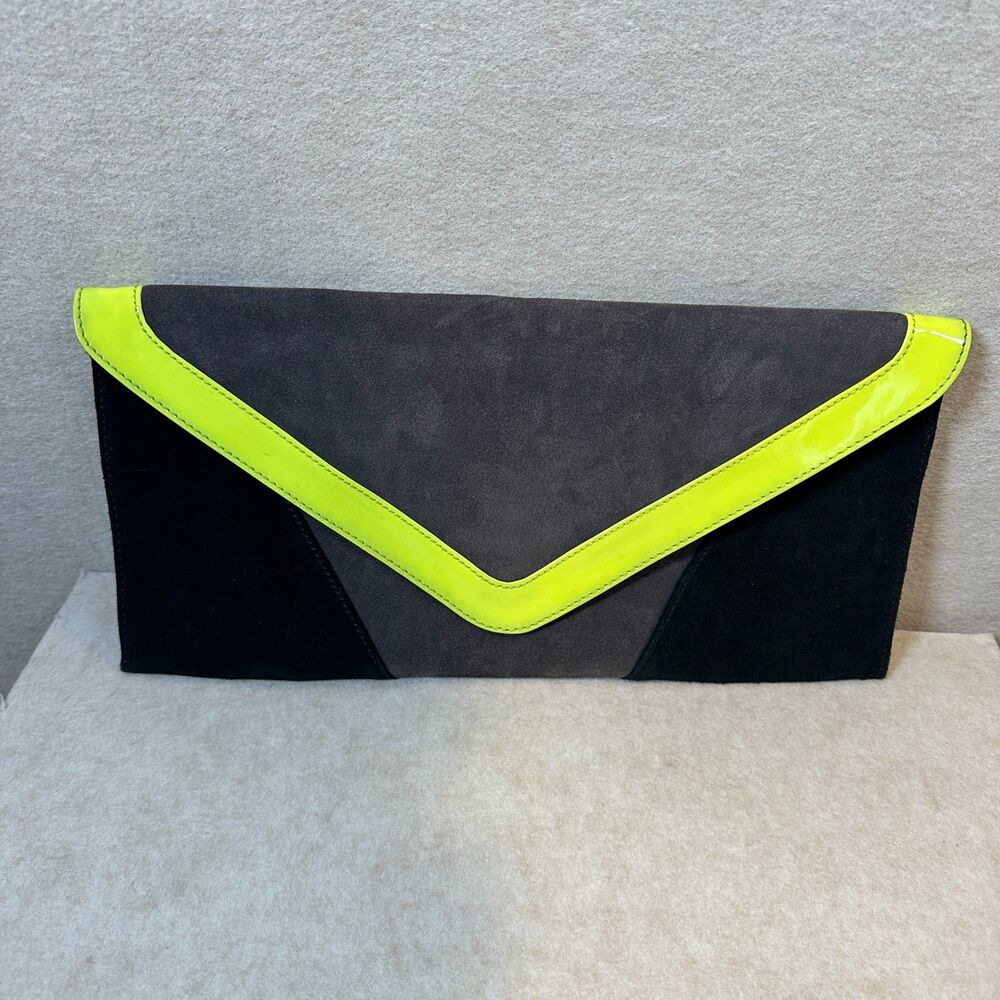 Steve Madden Black Envelope Clutch Neon Yellow Trim Colorblock Evening Bag